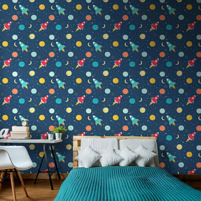 Hoopla Walls Lift Off Ink & Scarlet 10m Wallpaper