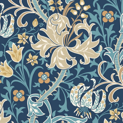 Hoopla Walls Lily Ogee Navy Blue Smooth Matt Wallpaper