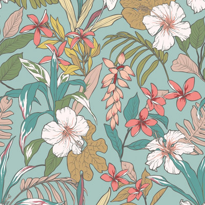 Hoopla Walls Oasis Coral & Teal Smooth Matt Wallpaper