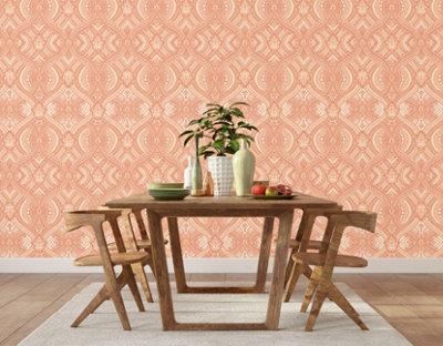 Hoopla Walls Orange Ogee Damask Smooth Matt Wallpaper