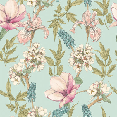 Hoopla Walls Orchid Bloom Duck Egg & Blush Smooth Matt Wallpaper