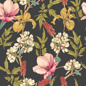 Hoopla Walls Orchid Bloom Ebony & Raspberry Smooth Matt Wallpaper