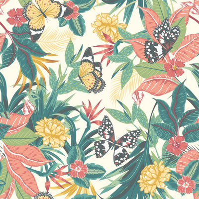 Hoopla Walls Paradise Apricot & Jade Smooth Matt Wallpaper