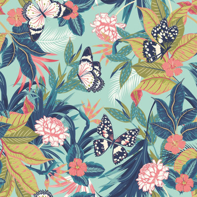 Hoopla Walls Paradise Aqua & Rouge Smooth Matt Wallpaper