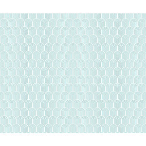 Hoopla Walls Retro Arch Teal Blue 10m Wallpaper Matt Smooth