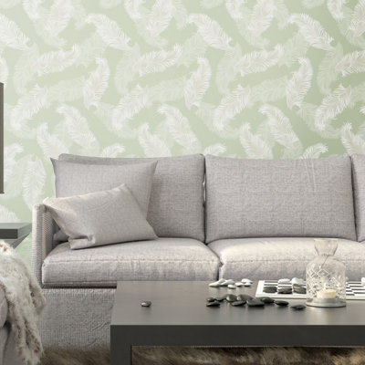 Hoopla Walls Sage Green Feathers Smooth Matt Wallpaper