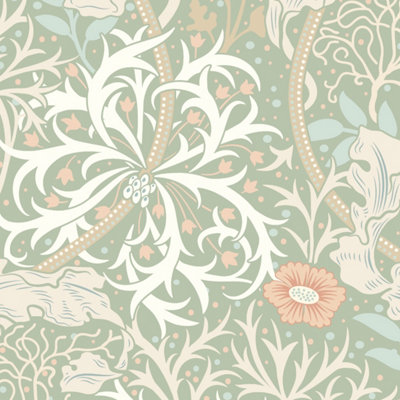 Hoopla Walls Seaweed Garden Sage & Apricot Smooth Matt Wallpaper