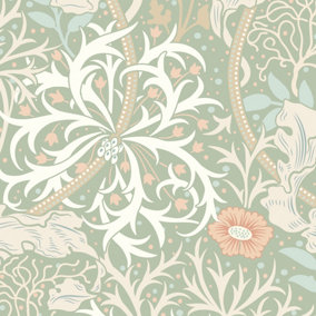 Hoopla Walls Seaweed Garden Sage & Apricot Smooth Matt Wallpaper