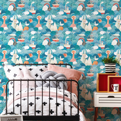 Hoopla Walls Ships Ahoy Aqua & Coral 10m Wallpaper