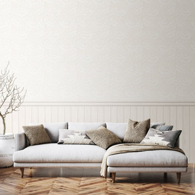 Hoopla Walls Tongue And Groove Fern- Washed White 10m Wallpaper