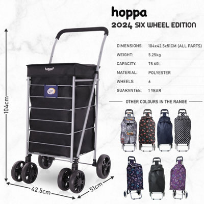 Hoppa Lightweight 6 Wheel Premium 2024 Model Folding Shopping Trolley Extra Large 75.6L Capacity Shopping Trolley Bag 95cm 5.25k