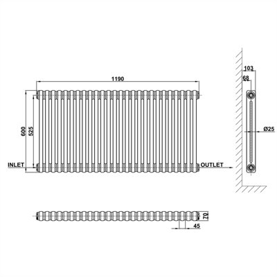 Horizontal Anthracite Double Column Radiator (H) 600mm x (W) 1190mm.