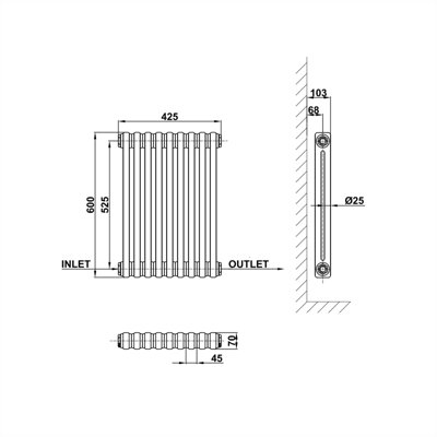Horizontal Anthracite Double Column Radiator (H) 600mm x (W) 425mm.