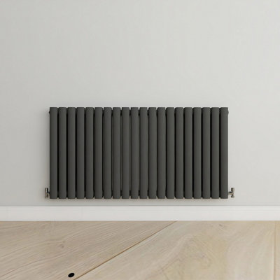 Horizontal Anthracite Double Oval Panel Radiator (H)600mm x (W)1180mm.