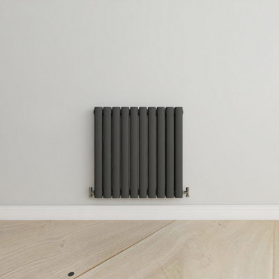 Horizontal Anthracite Double Oval Panel Radiator (H)600mm x (W)590mm.