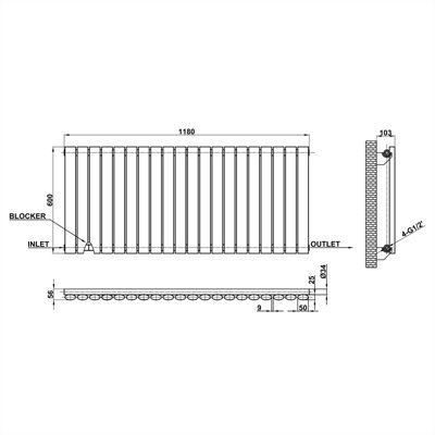 Horizontal Anthracite Single Oval Panel Radiator (H)600mm x (W)1180mm.