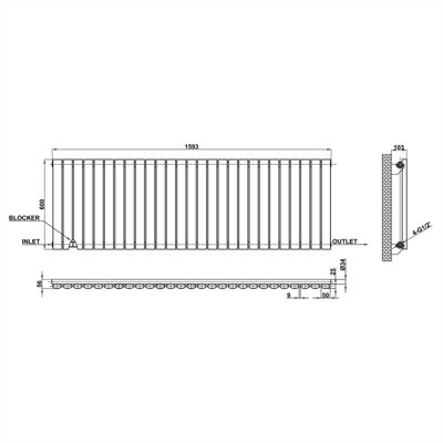 Horizontal Anthracite Single Oval Panel Radiator (H)600mm x (W)1593mm.