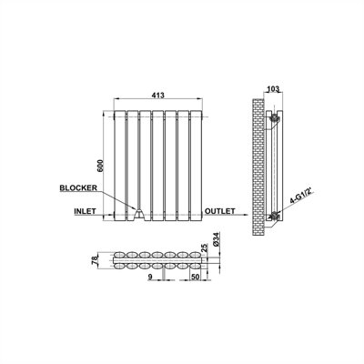 Horizontal Black Double Oval Panel Radiator (H)600mm x (W)413mm.