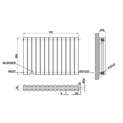 Horizontal Black Double Oval Panel Radiator (H)600mm x (W)767mm.