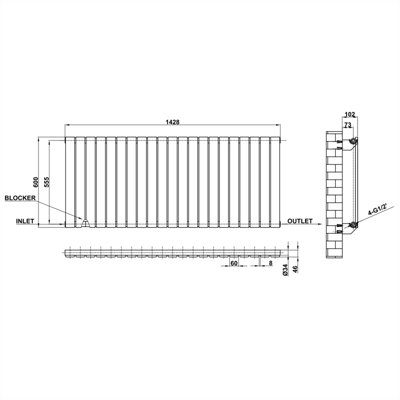 Horizontal Black Single Flat Panel Radiator (H) 600 mm x (W) 1428 mm.