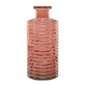 Horizontal Decorative Ribbed Glass Bottle in a Dusky Pink Shade. H21 cm