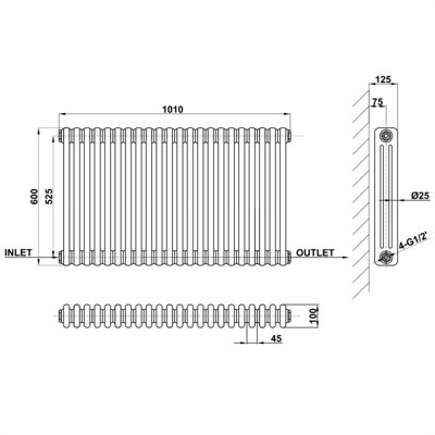 Horizontal Traditional 3 Column Radiator White (H)600mm (W)1010mm 6548 ...