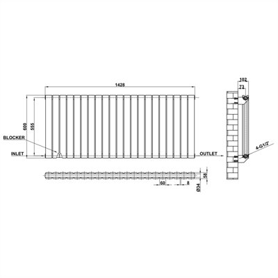 Horizontal White Double Flat Panel Radiator (H) 600 mm x (W) 1428 mm.