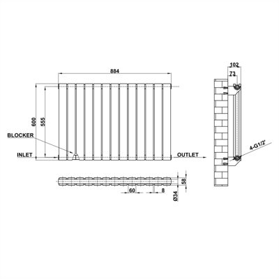 Horizontal White Double Flat Panel Radiator (H) 600 mm x (W) 884 mm.
