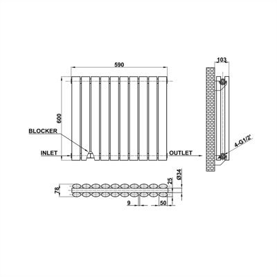 Horizontal White Double Oval Panel Radiator (H)600mm x (W)590mm.