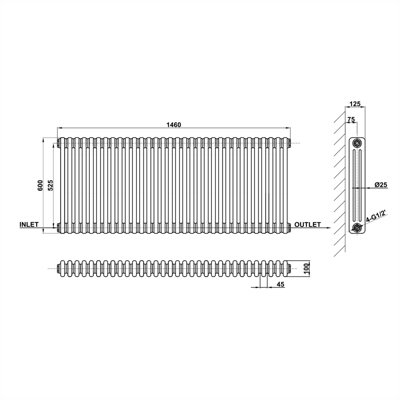 Horizontal White Triple Column Radiator (H) 600mm x (W) 1460mm.