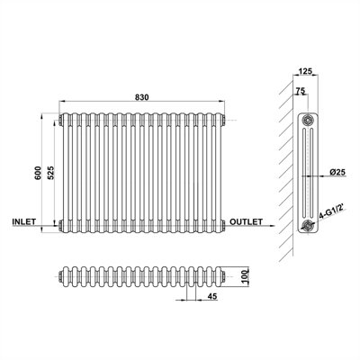 Horizontal White Triple Column Radiator (H) 600mm x (W) 830mm.