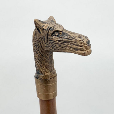 Horse Head Walking Stick - L4 x W10 x H51 cm - Brass/Brown
