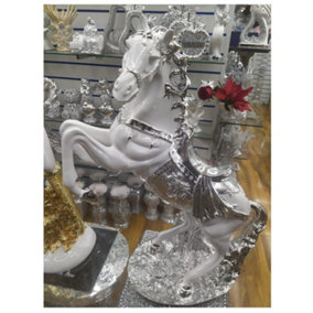 Horse Statue Standing Horse Resin Ornament Sculpture Rearing Art Silver & White