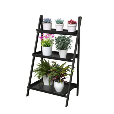 HORTICO™ 102cm Tall Plant Stand, Folding 3 Tier Display Rack, Indoor and Outdoor Black Metal Ladder H40.1 L21.2 W16.1 Inches