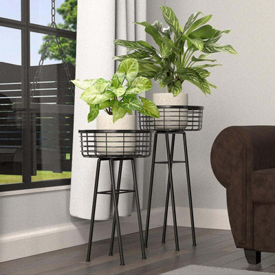 HORTICO Black Metal Plant Stand with Basket D29 cm, Indoor and Outdoor, H61 cm