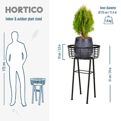 HORTICO Black Metal Plant Stand with Basket D29 cm, Indoor and Outdoor, H61 cm
