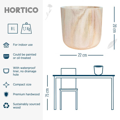 HORTICO CRAFT Brown Wooden House Planter Round Indoor Plant Pot for House Plants with Waterproof Liner D22 H20 cm, 4.6L
