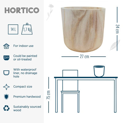 HORTICO CRAFT Brown Wooden House Planter Round Indoor Plant Pot for House Plants with Waterproof Liner D27 H24 cm, 9.1L