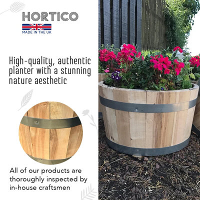 HORTICO European Birch Hard Wood Half Barrel Wooden Planter for Garden, Outdoor Plant Pot Made in the UK D40 H30 cm, 37.7L