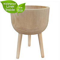 HORTICO GAIA Brown Wooden House Planter with Legs, Tall Indoor Plant Pot Stand with Waterproof Liner D25 H36 cm, 4.5L