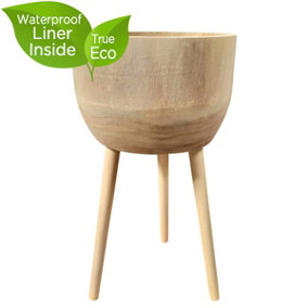 HORTICO GAIA Brown Wooden House Planter with Legs, Tall Indoor Plant Pot Stand with Waterproof Liner D31 H55 cm, 9.7L
