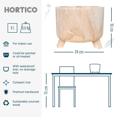 HORTICO GROWER Brown Wooden House Planter with Legs, Indoor Plant Pot Stand with Waterproof Liner D24 H19 cm, 4.1L
