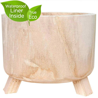 HORTICO™ Indoor Plant Pot on Feet, (Dia) 28cm GROWER Round Wooden Planter for House Plants with Waterproof Liner D28 H21 cm, 6.8L