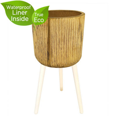 HORTICO™ Indoor Plant Pot, RIBBED Wooden Planter with Waterproof Liner, 60cm Tall Planter on Legs, Plant Pot Stand D27 H60 cm, 2L