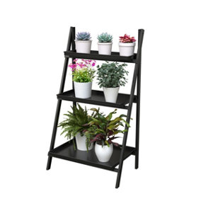 HORTICO Metal Plant Stand Folding 3 Tier Indoor and Outdoor, Black, H100 cm