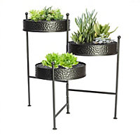 HORTICO Metal Plant Stand Folding 3 Tier with Hammered Gun Metal Trays Indoor and Outdoor, D25 H50 cm