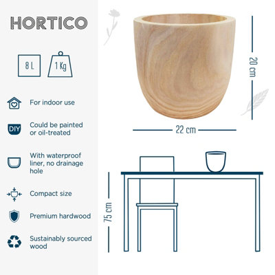 HORTICO RADIAL Brown Wooden House Planter Round Indoor Plant Pot for House Plants with Waterproof Liner D22 H20 cm, 4.6L