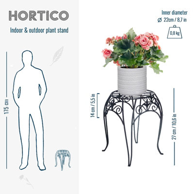 HORTICO Retro Metal Plant Stand Indoor and Outdoor, Black, D22 H27 cm