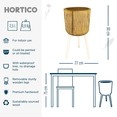 HORTICO RIBBED Brown Wooden House Planter with Legs, Tall Indoor Plant Pot Stand with Waterproof Liner D27 H60 cm, 2.5L