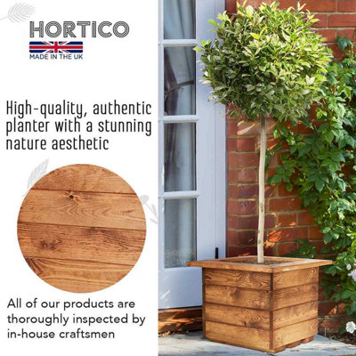 HORTICO Scandinavian Red Wood Square Wooden Planter for Garden, Outdoor Plant Pot Made in the UK H31.5 L41.5 W41 cm, 25L